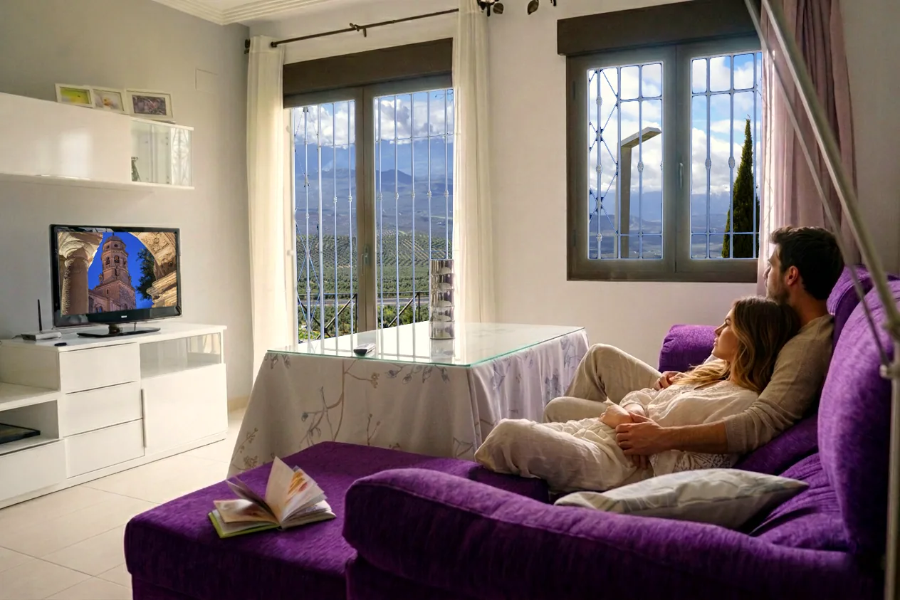 Pareja descansando en el salón con vistas al Mar de Olivos